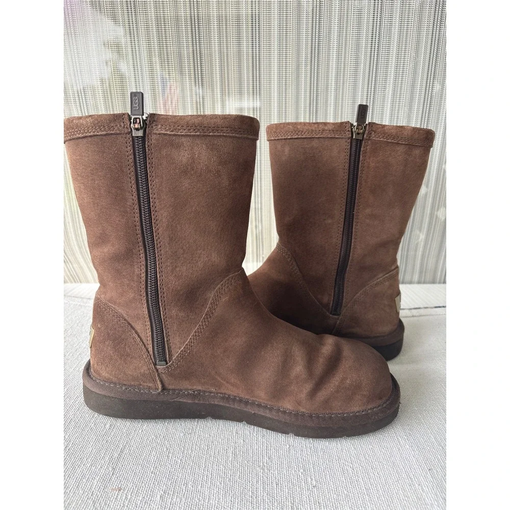 UGG Australia Brown Suede Shearling Lined Side Zip Mid Calf Boots Women 8
